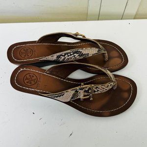 Tory Burch Women's Brown Leather Snake Printed Flip Flops Sandals Size 7